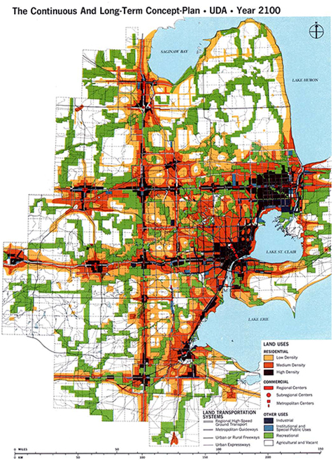 Paradigm shift in architecture: landscape & Management. Doxiadis future city plan for Detroit that illustrates the increase of landscape work to the scale of city. 