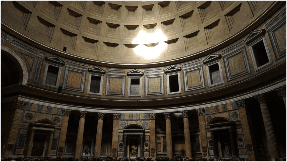 Paradigm shift in architecture: Greek-Roman-Early Christian. Image shows Pantheon Rome and the complex building system .