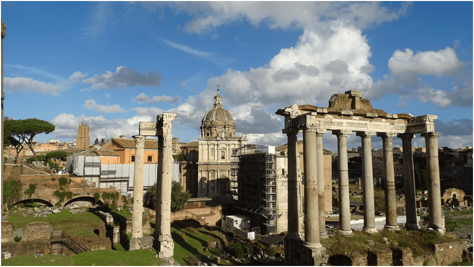 Paradigm shift in architecture: Greek-Roman-Early Christian. Image shows Temple of Saturn-Rome and the composite column .