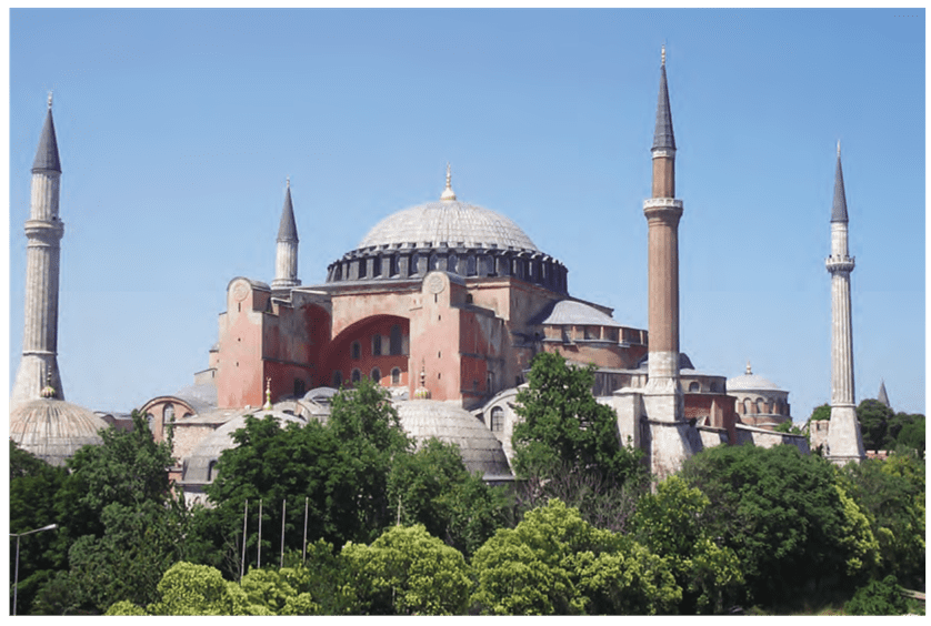 Paradigm shift in architecture: Byzantine, Romanesque, Gothic. Image shows the Hagia Sophia church external View of byzantine architecture.