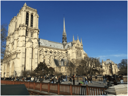 Paradigm shift in architecture: Byzantine, Romanesque, Gothic. image shows the gothic architectural elements in Notre dame de Paris external view.