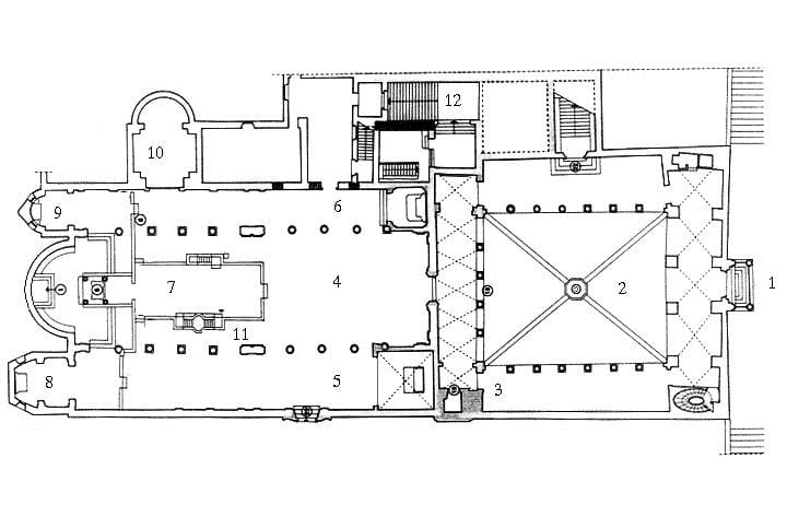 Paradigm shift in architecture: Greek-Roman-Early Christian. Image shows plan of oldest basilica church in Rome Sant Clemente church.