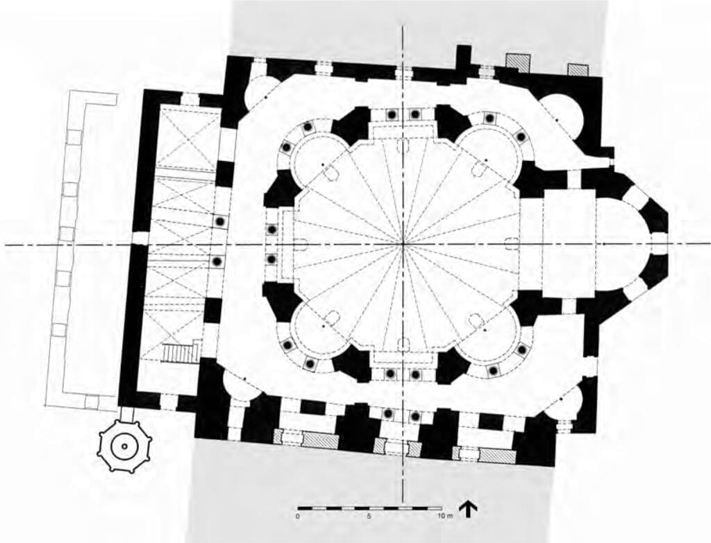 Paradigm shift in architecture: Byzantine, Romanesque, Gothic. Image shows the St sergius church plan of byzantine architecture.