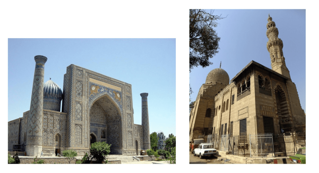 Paradigm shift in architecture: the Islamic world. Image shows the two types of madrasas exterior architecture elements .