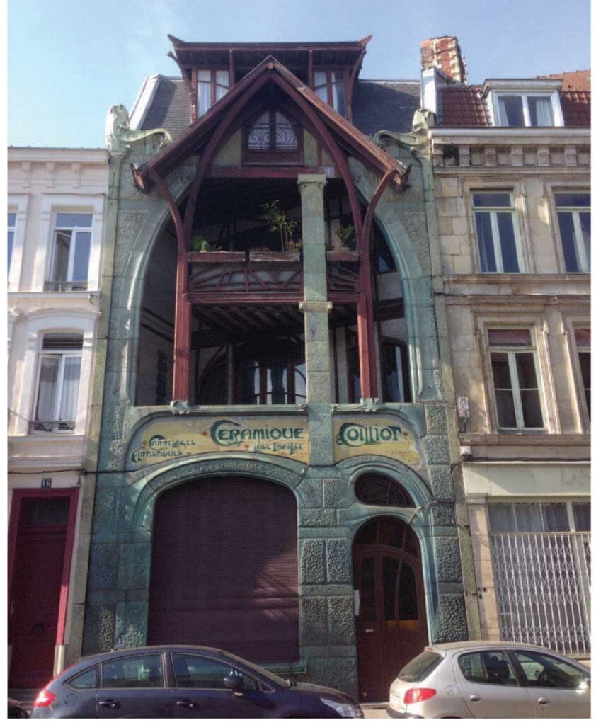 Paradigm shift in architecture: Neoclassicism, Eclecticism, and art Nouveau. Image shows the art nouveau use organic elements in the exterior design of coilliot house in Lille.