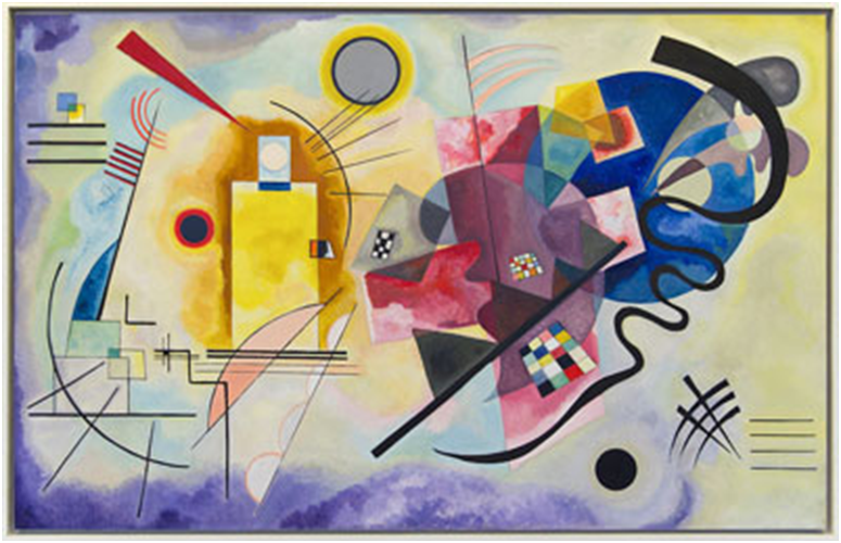 Paradigm shift in architecture: Modern Architecture styles-1.image represents expressionism in art contribution to architecture. RED-Yellow-Blue Painting by Wassily Kandinsky 