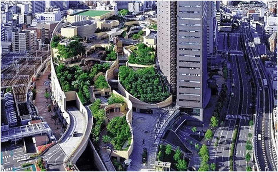 Urbanism: Ecological Urbanism and Ecosystem Dialectic. image shows ecosystem of canyon urban complex park in Namba Japan. 