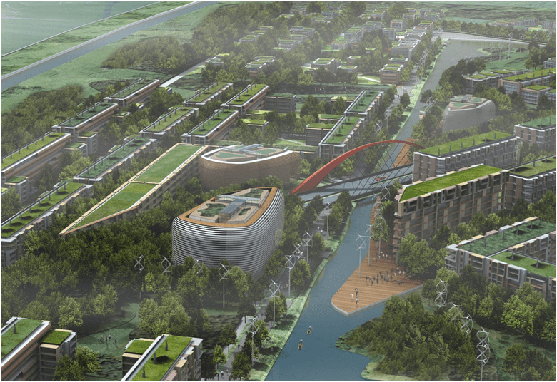 Urbanism: Ecological Urbanism and Ecosystem Dialectic. image shows eco-city of Dongtan in shanghai China.