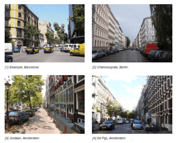 Urbanism: Density, Compactness & Transit Oriented Development. Image shows relation of street width to building Hight in Barcelona, Germany, Netherlands.