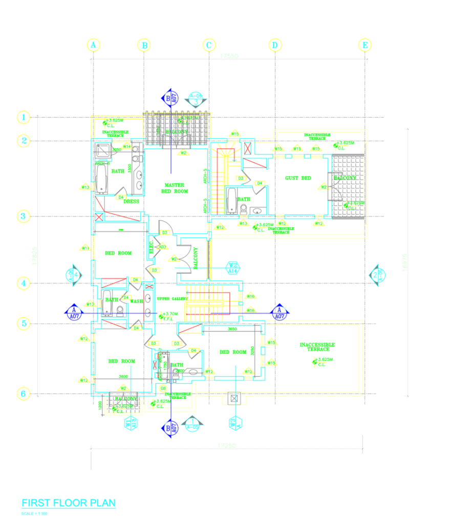 Classical Villa Architectural Design Project. First floor plan of the villa