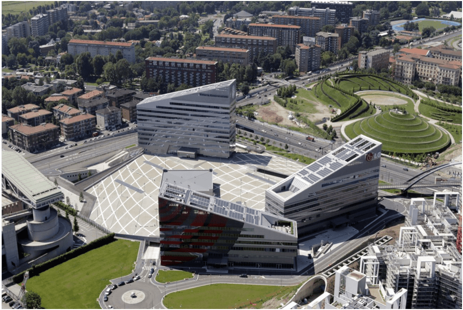 Portello an integrated urban development project in Milan. Figure 4, Ariel view of OT8 the three office blocks, and slopped piazza with central logia of Portello urban development project, Milan-Italy