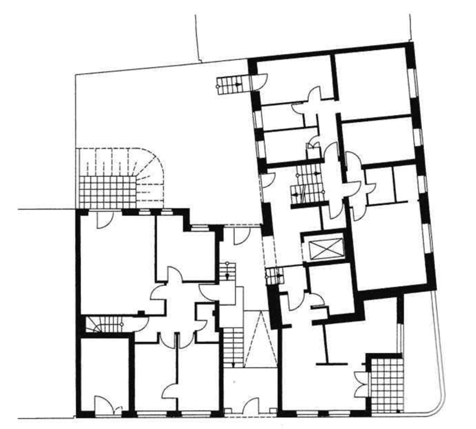 Urban regeneration, architecture of Lausitzer Str 38 in Berlin. image shows Main building ground floor plan.