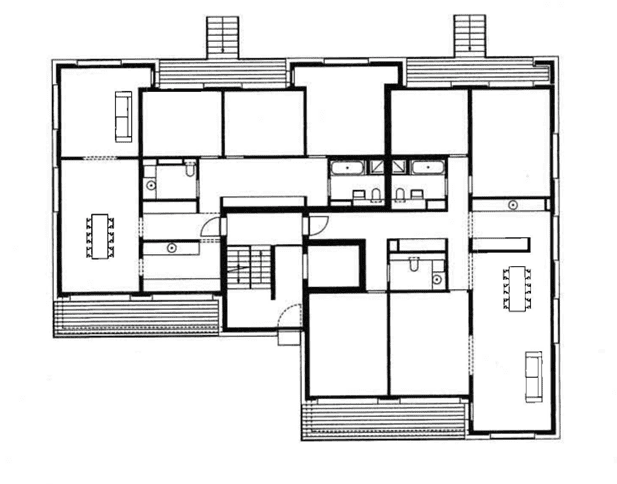 Architecture of residential building in Weissensee-Berlin. Image shows ground floor plan of building C