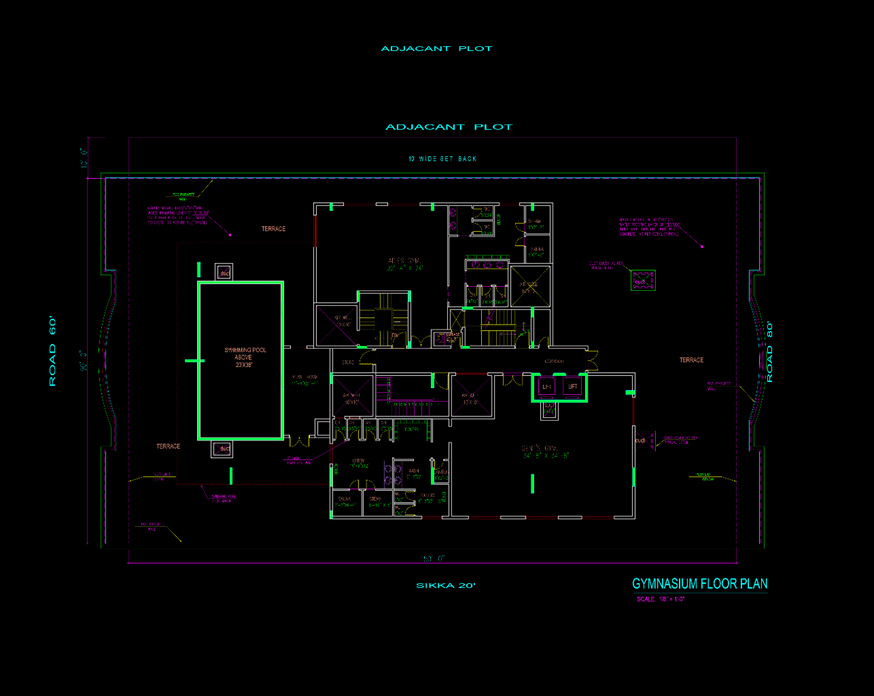 Architecture project from practice, fund role in realization. Image shows the gym floor plan of the building