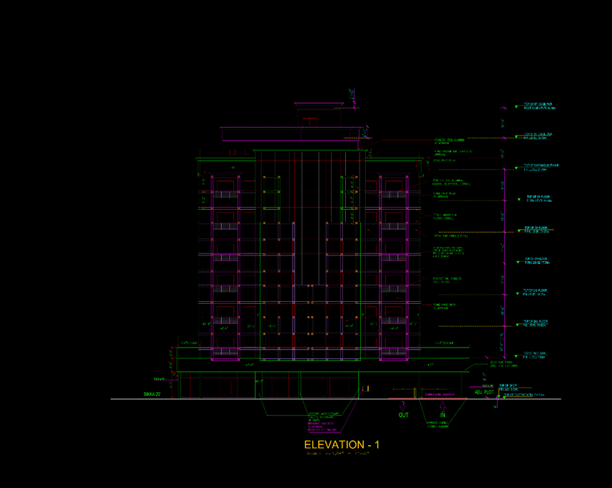 Architecture project from practice with dual functions. front elevation of the building