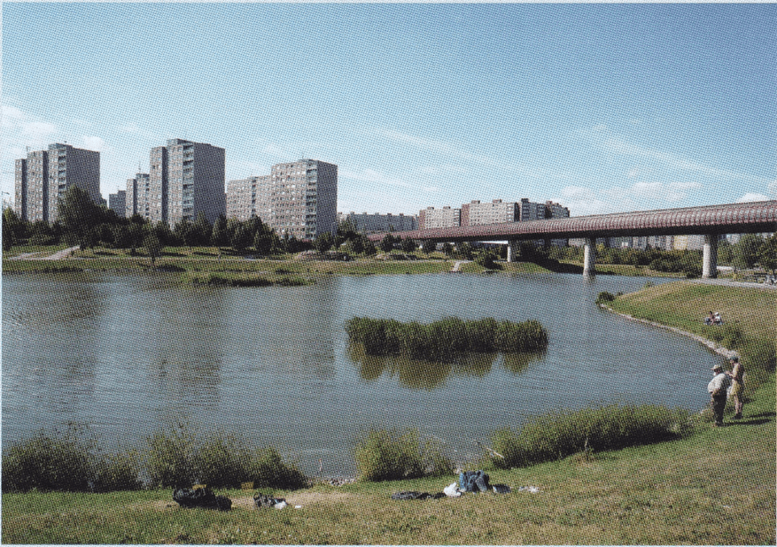 The Southwest Town Urban Design Project in Prague. image shows View of Central Park with retention basin and the metro tube. 