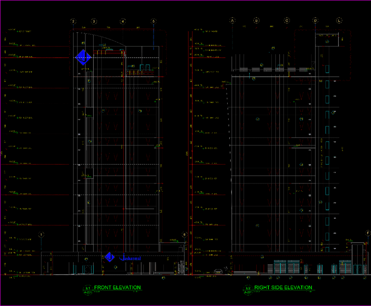 Jashinmal headquarters commercial and office building. image of the project front and side elevation drawing