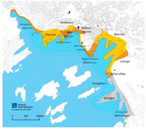 Fjord City: A Waterfront Urban Renewal Project in Oslo. Map shows the defined  12 areas for urban renewal