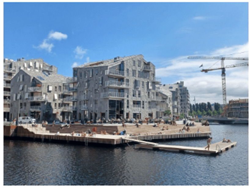 Fjord City: A Waterfront Urban Renewal Project in Oslo. Image Bjorvika waterfront, swimming area, open space and park, and Low-rise buildings.