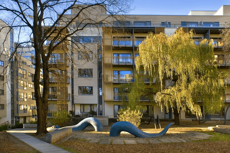 Pilestredet Park a sustainable urban development tale – Oslo. Image shows 
 modern style architecture buildings within the development