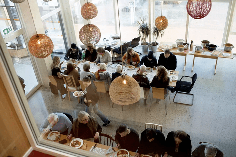 Vindmøllebakken Sustainable Urban Regeneration project-Norway. the internal dining area of the urban development photo