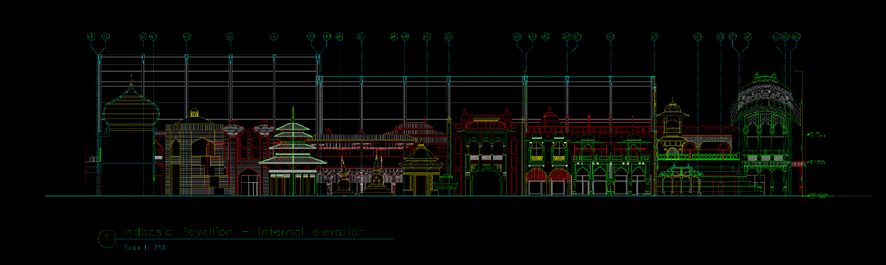 Global Village Architecture, urban design project. the Indo Asia Pavillion elevation theme for detail drawing preparation.