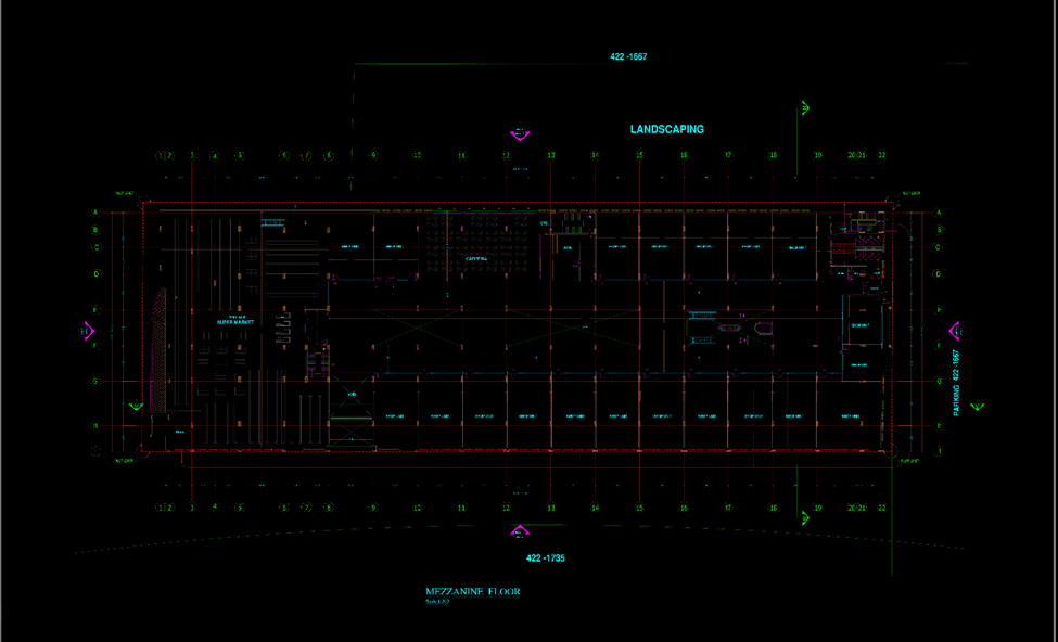 The traditional architecture of shopping center project. Mezzanine floor of the project