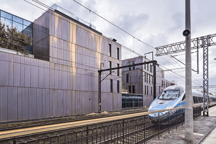 Urban regeneration, architecture of Sopot's new rail station. the railway station strip façade side of the urban regeneration of the Sopot railway station