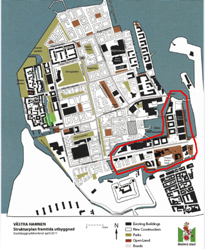 Malmo western harbor urban design and regeneration in Sweden.  Western harbor of Malmo urban regeneration map