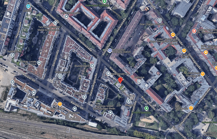 Friedrichshain Urban Design and Architecture Project Berlin.  Project site plan from Google Earth showing the plot and surroundings.