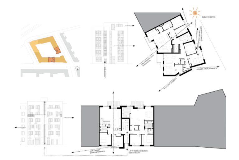 Friedrichshain Urban Design and Architecture Project Berlin. building access, light, entries, and internal landscape area.