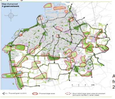 Malmo western harbor urban design and regeneration in Sweden.  the green space and open space network in the Malmo city map