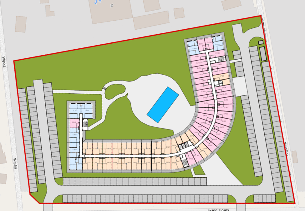 The architecture of Linea Mare Hotel in Pobierowo -Poland. the second-floor plan of the hotel with the surrounding exterior spaces