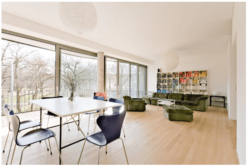 Am Friedrichshain 25 residential building Berlin.  Interior of the living area of the building facing the central park. 