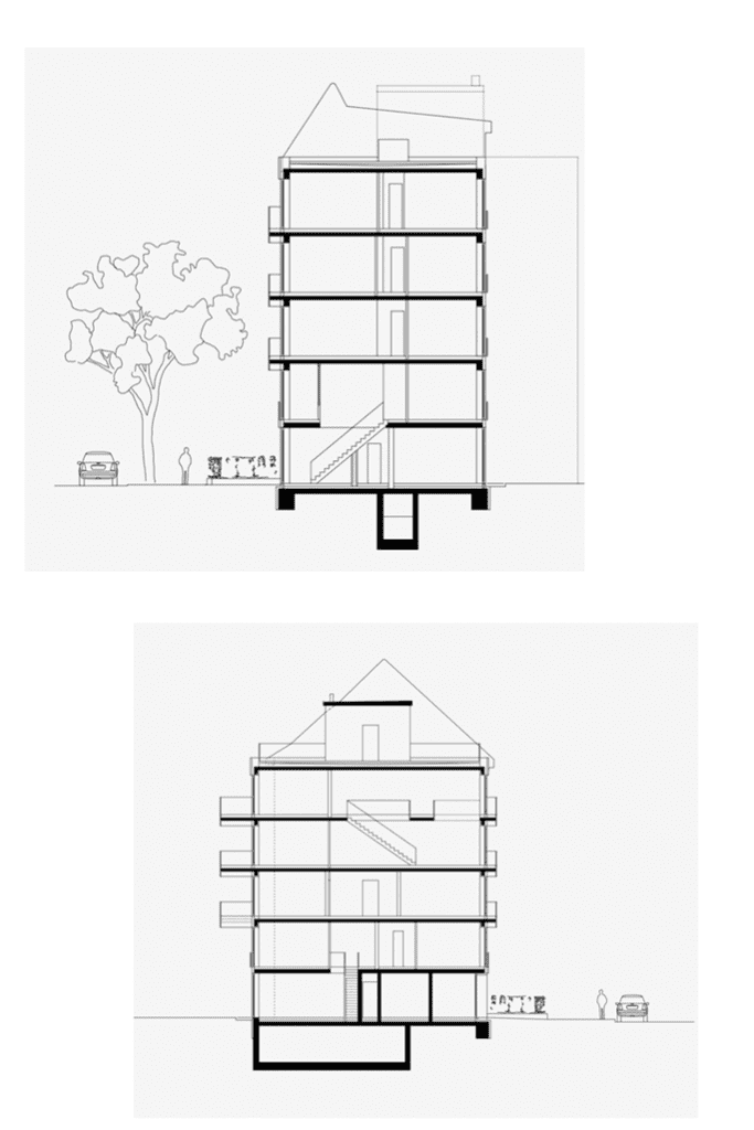 Görschstraße 48 residential building Architecture Berlin. Two building sections through the building showing heights and double volume flats.