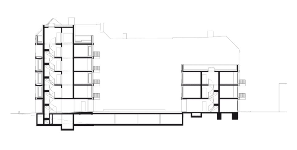 Görschstraße 17 residential building Architecture Berlin. Two building sections through the building showing heights and space connection