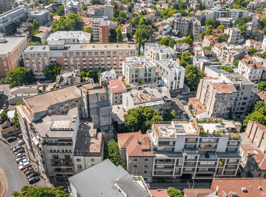 Strada Sfinții Voievozi 24 urban regeneration project Bucharest. Ariel View of the development