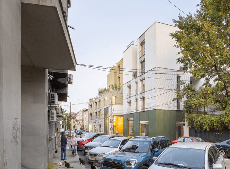 Strada Sfinții Voievozi 24 urban regeneration project Bucharest. the street frontage façade of the development