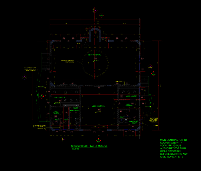 Al Marfa Oil and Gas petrol station complex project. Mosque building ground floor plan.