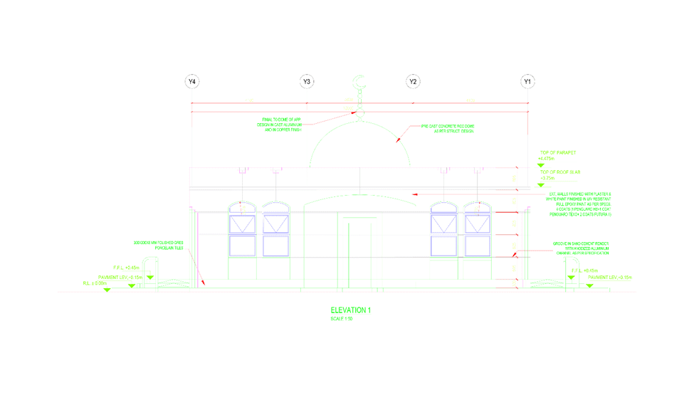 Al Marfa Oil and Gas petrol station complex project. Mosque building Front Elevation.