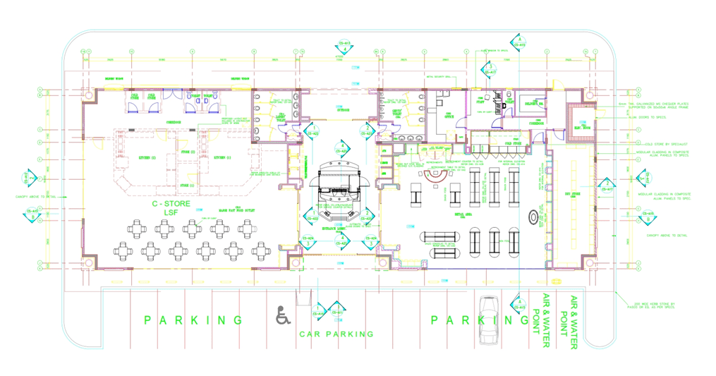 Al Haffar Oil and Gas petrol station complex project. the ground floor plan of the C-store building.