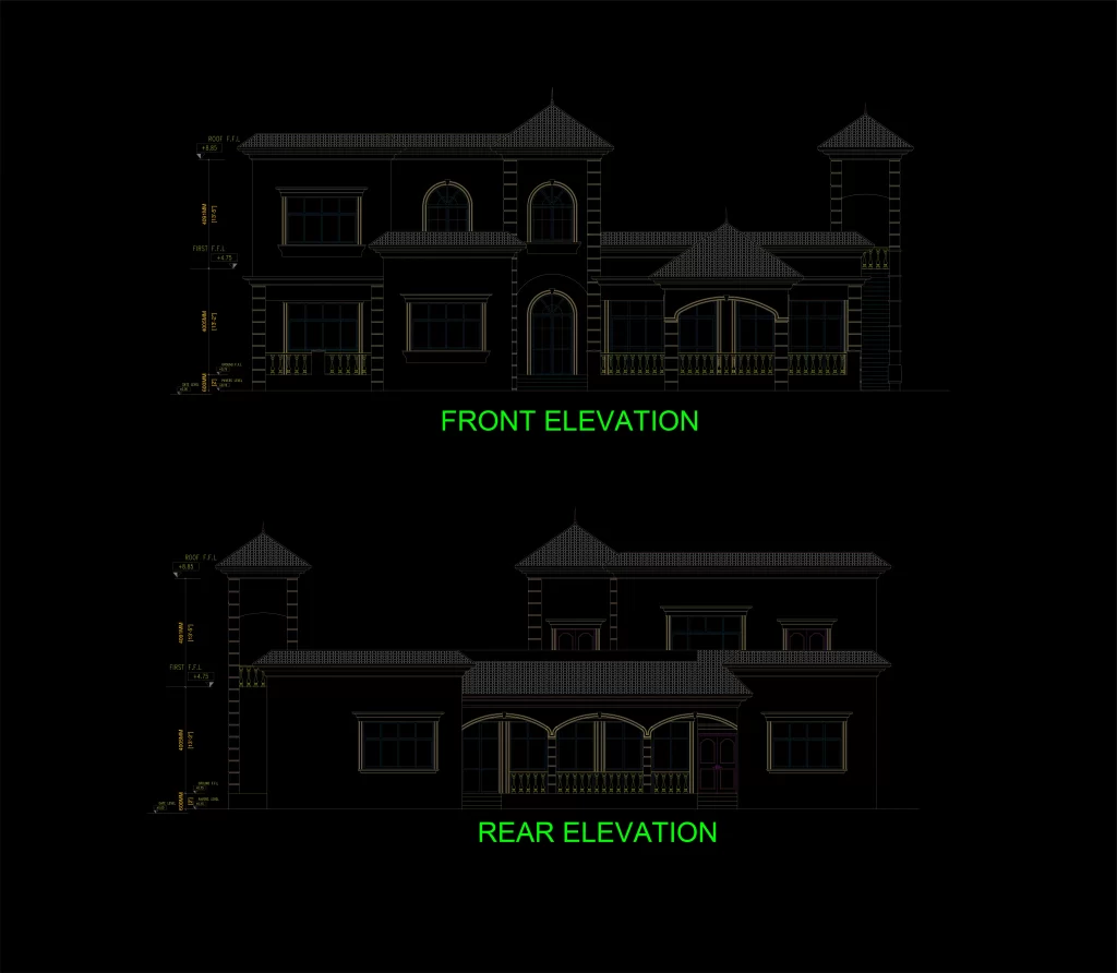 Villa Design, Villa Architecture of ICF system project.  the front and backside elevations of the villa design, villa architecture of ICF system.