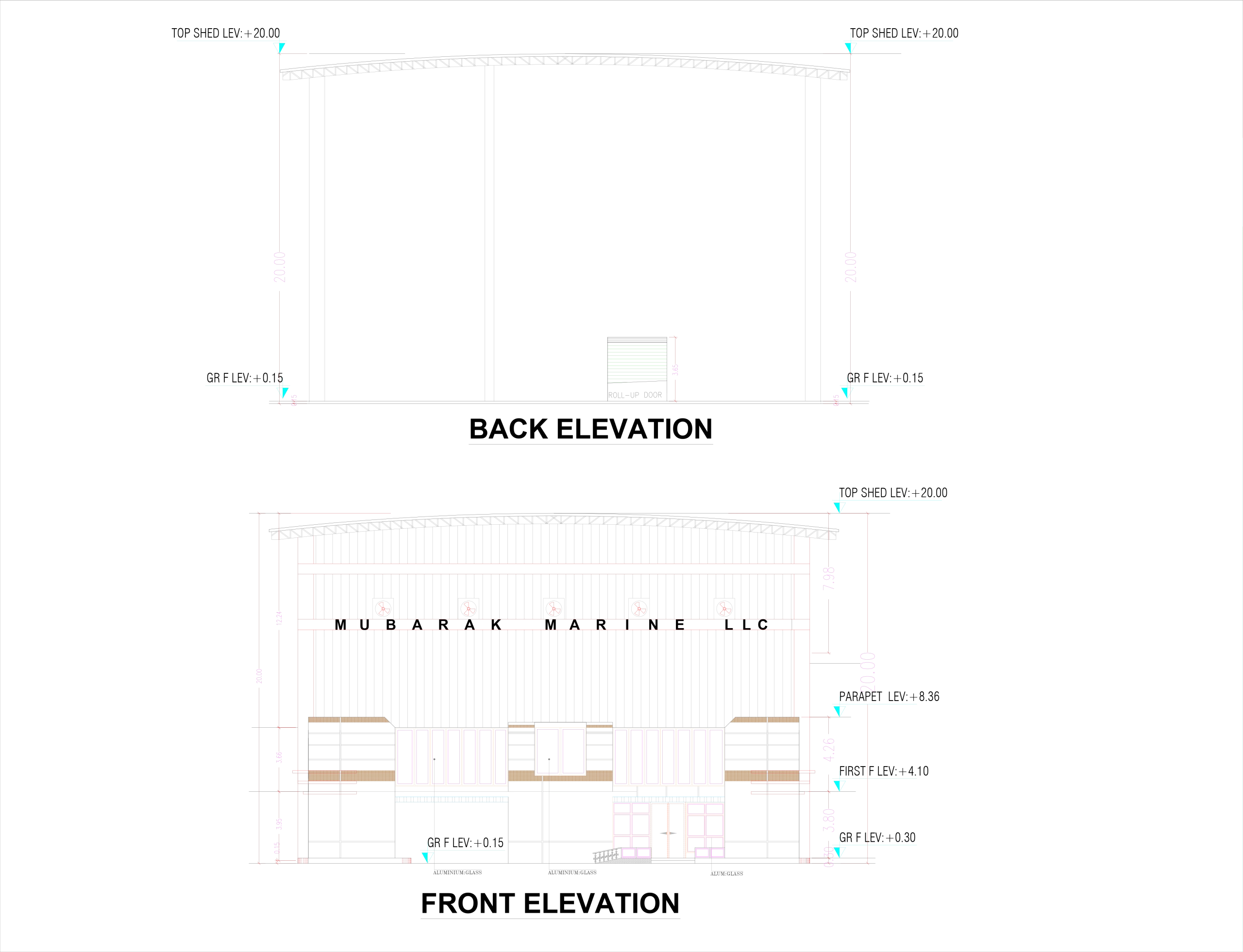 Mubarak Marine Ship Building Industrial Architecture project. the front and backside elevations.