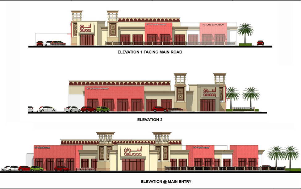 Aswaaq Traditional Shopping Centers Architecture Projects.  the building elevations from all sides.