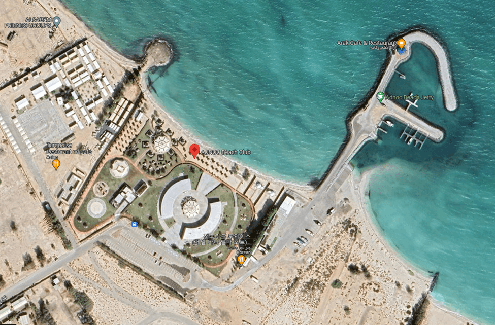 Al Ruwais Beach Club landscape architecture project. the site plan of the existing beach club from Google Maps