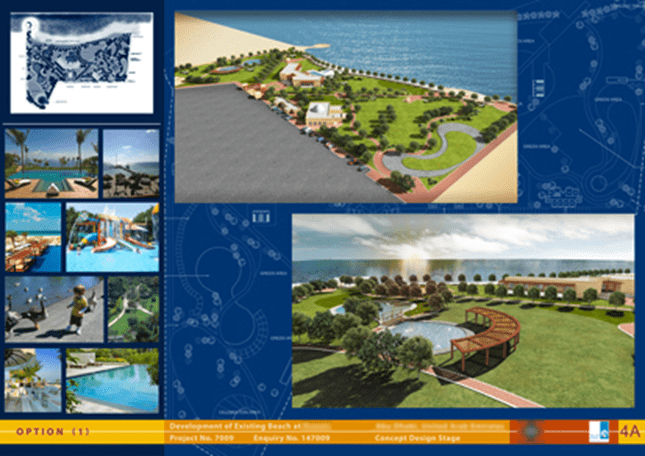 Al Ruwais Beach Club landscape architecture project. beach club development project perspectives.