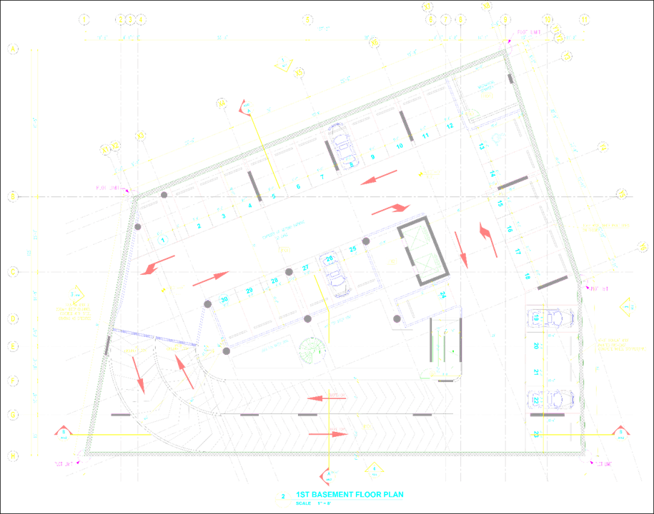 Al Khabeesi headquarters commercial and office building. Basement one floor of the project showing parking lots and services.