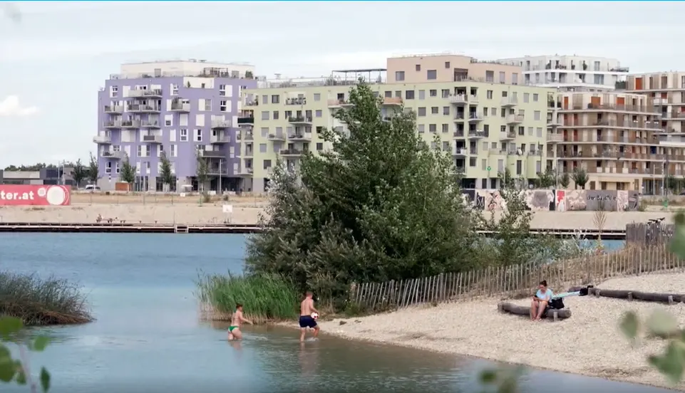 Seestadt Aspern, Urban Renewal Project Vienna's Future City. the building views and the lake used by residents for leisure activities.