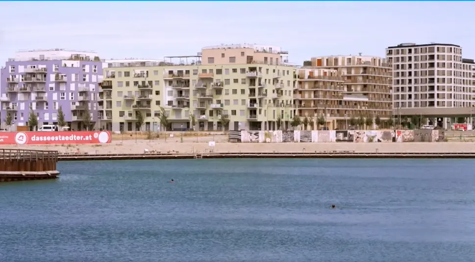 Seestadt Aspern, Urban Renewal Project Vienna's Future City. the project's artificial lake view and surrounding buildings