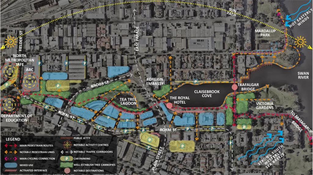 Claisebrook Village Urban Renewal Project in Perth. shows the Claisebrook Village urban renewal plan and site analysis.